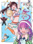  6+girls :d ;d ^_^ ahoge arm_up armpits ball black_hair blue_eyes blue_sky blunt_bangs blush border braid breasts cheering cheerleader chibi chibi_inset closed_eyes clover_hair_ornament commentary_request criss-cross_halter date_akari date_akari_(move_forward_never_give_up!) day embarrassed floating_hair four-leaf_clover_hair_ornament full_body gas_mask goggles green_hair green_jacket hair_ornament halterneck hands_up heaven_burns_red highres huge_ahoge ishii_iroha jacket jumping kneehighs kulfiq looking_at_another looking_at_object looking_at_viewer low_twin_braids mask medium_breasts mikoto_fubuki miniskirt mizuhara_aina multicolored_hair multiple_girls murofushi_risa navel nikaidou_misato nikaidou_misato_(full_power_cheering_song_under_blue_sky) nose_blush official_alternate_costume official_alternate_hairstyle one_eye_closed open_clothes open_jacket open_mouth orange_socks orange_sports_bra outdoors outline outside_border pink_hair pleated_skirt ponytail purple_eyes purple_hair purple_streaks red_streaks running shoes sidelocks skirt sky smile socks sports_bra stomach streaked_hair swim_goggles team_31d_(heaven_burns_red) teeth track_jacket twin_braids twintails two-tone_sports_bra upper_body upper_teeth_only v-shaped_eyebrows volleyball_(object) wavy_mouth white_border white_outline white_shoes white_skirt white_sports_bra wide-eyed x_hair_ornament 