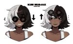  1girl absurdres black_eyes black_eyeshadow character_name coke-bottle_glasses collarbone dark_skin evil_smile eyeshadow glasses highres makeup medium_hair multicolored_hair multiple_expressions ny_000a original shoulder_strap smile tan twitter_username two-tone_hair 