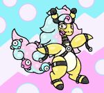 abstract_background aliasing ambiguous_gender belly body_harness bondage_straps clothing digital_media_(artwork) female_(lore) feral fluffy fluffy_hair fluffy_tail generation_1_pokemon generation_6_pokemon hair harness hi_res horn implied_permanent implied_transformation infinity_symbol iono_(pokemon) latex latex_clothing latex_skinsuit magnemite mega_ampharos mega_evolution microsoft_paint_(artwork) multicolored_hair nintendo pokemon pokemon_(species) rubbermon skinsuit solo squeakitties suit_transformation symbol tail tight_clothing transformation two_tone_hair white_belly yellow_body