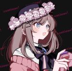  1girl alternate_eye_color beret black_background black_bow black_hat blue_eyes blue_gem blush bow brown_hair cardigan chibi chibi_inset collared_shirt commentary_request controller fingernails game_controller gem hair_ornament hairclip hat hewdrawobake highres holding holding_controller holding_game_controller long_hair nail_polish nijisanji open_mouth pink_bow pink_cardigan pink_nails shirt smile solo striped_bow suzuhara_lulu suzuhara_lulu_(1st_costume) virtual_youtuber white_shirt 