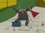 2020 ambiguous_gender bedding beverage black_body black_ears black_fur black_nose black_tail blanket book cellphone clock container detailed detailed_background digital_media_(artwork) eeveelution electronics feet feral food fur geboku generation_2_pokemon grass hi_res japanese_text lying mammal markings multicolored_body nintendo on_front outside phone pillow plant pokemon pokemon_(species) quadruped red_eyes sleeping solo tail text toes two_tone_body umbreon yellow_markings