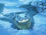  :3 animal_focus fangs fusenryo ice looking_at_viewer no_humans outdoors partially_submerged pokemon pokemon_(creature) pokemon_focus solo spheal water 