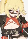  1girl ;p adjusting_eyewear black_jacket black_skirt black_tube_top blonde_hair blush breasts burnice_white cleavage commentary_request criss-cross_straps crop_top fingerless_gloves gloves highres jacket large_breasts looking_at_viewer looking_over_eyewear mizutti1111 navel one_eye_closed orange-tinted_eyewear red-tinted_eyewear red_eyes simple_background skirt smile solo spiked_belt spiked_jacket strapless sunglasses tinted_eyewear tongue tongue_out tube_top twintails white_background zenless_zone_zero 