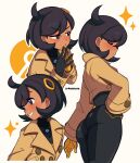  1girl :/ absurdres artist_name ass black_bodysuit black_gloves black_hair blue_eyes blush bodysuit bodysuit_under_clothes breasts brown_jacket closed_eyes closed_mouth commentary cowboy_shot cremanata cropped_torso dark-skinned_female dark_skin emma_(pokemon) from_side gloves grin hair_between_eyes hair_ornament hand_on_own_hip highres jacket latex latex_bodysuit light_blush long_sleeves looking_to_the_side mega_stone multicolored_gloves multiple_views open_mouth orange_gloves parted_lips pokemon pokemon_legends:_z-a purple_eyes short_hair sideways_glance smile standing steepled_fingers two-tone_gloves white_background 