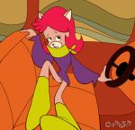  2021 absurd_res anthro bottomless car cattanooga_cats chipposter clothed clothing domestic_cat felid feline felis female front_view genitals hair hanna-barbera hi_res inside_car kitty_jo looking_at_viewer mammal pink_body pink_hair pussy sitting solo toony vehicle 