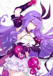  1girl absurdres bandaged_arm bandages breasts cleavage clothing_cutout commentary dress gloves hairband highres honkai_(series) honkai_impact_3rd lilin_(pixiv_25958194) long_hair looking_at_viewer lying medium_breasts navel navel_cutout on_back pink_gloves purple_dress purple_hair purple_hairband sirin sirin_(miracle_magical_girl) smile solo very_long_hair yellow_eyes 
