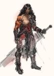  1girl absolute_dc absolute_wonder_woman absurdres amazon_warrior arm_wrap black_hair blood blood_on_chest blood_on_face blood_on_neck blue_eyes breasts dc_comics highres holding holding_sword holding_weapon justsomenoob long_hair muscular muscular_female nipples red_tattoo sword tattoo tattoo_sleeve weapon white_background wonder_woman wonder_woman_(absolute_dc) wonder_woman_(series) 
