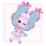  1girl :d absurdres animal_ear_hairband animal_ears antennae apron black_eyes blush border bow bowtie commentary_request dress dutch_angle fake_animal_ears foomin_(katamari_damacy) frilled_dress frilled_wrist_cuffs frills full_body hairband hand_up highres katamari_damacy maid maid_headdress one_eye_closed outline over-kneehighs pink_background pink_bow pink_bowtie pink_dress pink_ribbon pink_shoes plaid_clothes plaid_dress puffy_short_sleeves puffy_sleeves rabbit_ears ribbon shoes short_dress short_sleeves smile sparkle sparkling_aura thighhighs two-tone_background umm15 waist_apron white_apron white_background white_border white_outline white_thighhighs white_wrist_cuffs wrist_cuffs 
