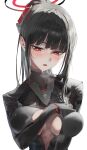  1girl absurdres black_bodysuit black_hair black_halo blue_archive blush bodysuit breasts cleavage cleavage_cutout clothing_cutout halo hand_in_clothes hand_on_own_chest highres large_breasts long_hair looking_down matcha_(matttttya1) multicolored_halo open_bodysuit open_clothes open_mouth ponytail red_eyes red_halo rio_(armed)_(blue_archive) rio_(blue_archive) simple_background solo sweat two-tone_halo upper_body white_background 