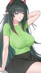  1girl absurdres arknights arknights:_endfield arm_behind_head arm_support arm_up black_hair black_skirt breasts closed_mouth commentary dragon_girl dragon_horns eastern_dragon_horns green_eyes green_hair green_shirt highres horns kiksagi large_breasts long_hair multicolored_hair pointy_ears red_horns shirt short_sleeves simple_background sitting skirt solo thighs very_long_hair white_background zhuang_fangyi_(arknights) 