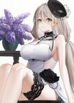  1girl aquila_(a_sip_of_sardegnian_elegance)_(azur_lane) aquila_(azur_lane) azur_lane black_flower black_hat black_rose breasts closed_mouth cocktail_dress commentary_request dokamero_ya dress evening_gown flower flower_pot gem green_eyes green_gem grey_hair hat highres jewelry lace-trimmed_dress lace-trimmed_thigh_strap lace_trim looking_at_viewer medium_breasts necklace official_alternate_costume pearl_necklace purple_flower rose sitting smile solo table thigh_strap thighs vase white_dress 