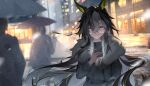  1girl absurdres animal_ears black_coat blonde_streaks cai_ji_(user_jmrv4342) city coat commentary dream_journey_(umamusume) fur-trimmed_coat fur_trim glasses grey_eyes grey_streaks highres holding holding_phone holding_umbrella horse_ears horse_girl long_hair long_sleeves multicolored_hair night outdoors people phone revision semi-rimless_eyewear snowing solo_focus streaked_hair umamusume umbrella untranslatable_commentary very_long_hair 