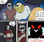 absurd_res anthro avian big_breasts big_butt bird bird_wyvern black_body black_feathers blue_body blue_feathers bottomwear bowl breasts butt capcom clothing container controller creepy_face creepy_smile crimsontyd cuddling dialogue directional_arrow duo electronics english_text eyewear facial_markings feathers female food furniture grey_body grey_bottomwear grey_clothing grey_pants grey_skin head_markings head_turned hi_res human male male/female malfestio mammal markings monster_hunter mouth_outline owl pajama_pants pajamas pants popcorn red_eyes remote_control silhouette simple_background smile sofa sound_effects speech_bubble star_pattern sunglasses tail television television_glow text yellow_body yellow_feathers