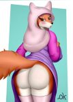  absurd_res anthro big_breasts blush breasts butt canid canine clothed clothing demonkussh disney eyelashes female fox genitals hand_on_breast hi_res legwear looking_at_viewer maid_marian mammal open_mouth pussy rear_view robin_hood_(disney) simple_background solo standing stockings tongue 