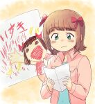  1girl amami_haruka bow breast_pocket brown_hair closed_mouth collared_jacket drawing_(object) green_eyes hair_bow holding holding_drawing holding_paper idolmaster idolmaster_(classic) jacket light_smile long_sleeves looking_at_object multiple_hair_bows open_clothes open_jacket paper pink_jacket pocket red_bow short_hair solo tsubobot upper_body 