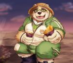  2021 anthro belly blush bottomwear brown_body brown_fur bulge clothing detailed_background eyewear food fur glasses hat headgear headwear humanoid_hands kemono kuremura62213 lifewonders male mammal outside overweight overweight_male pants shirt solo straw_hat tokyo_afterschool_summoners topwear ursid video_games volos 