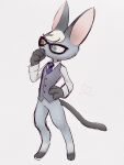 2020 3:4 absurd_res accessory animal_crossing anthro big_ears biped blonde_hair bottomless business_suit claws clothed clothing collared_shirt digital_media_(artwork) digitigrade domestic_cat dress_shirt eyewear felid feline felis full-length_portrait fur glasses gloves grey_body grey_fur hair hand_on_hip handwear heart_symbol heterochromia hi_res leg_markings male mammal markings necktie nintendo paws pokunchan portrait raymond_(animal_crossing) shirt slim_anthro slim_male socks_(marking) solo standing suit tail three-quarter_view topwear wearing_glasses