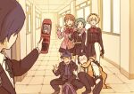 3boys 3girls ai-wa aigis_(persona) android aqua_hair arms_around_neck bag baseball_cap black_hair black_jacket black_shirt black_shoes black_skirt blazer blonde_hair blue_hair blue_shirt blush bow bowtie brown_hair cellphone cellphone_photo collared_shirt commentary dot_nose english_commentary flip_phone gekkoukan_high_school_uniform hairband hat holding holding_bag holding_phone iori_junpei jacket long_sleeves mochizuki_ryouji multiple_boys multiple_girls open_mouth pantyhose persona persona_3 phone pink_sweater red_ribbon ribbon scarf school school_uniform selfie selfie_prank shirt shoes short_hair skirt smile squatting stepped_on sweater takeba_yukari v white_pantyhose white_shirt wing_collar yamagishi_fuuka yellow_scarf yuuki_makoto_(persona_3) 
