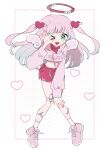  >_o 1girl ;d bandaged_halo bandaid bandaid_on_knee bandaid_on_leg blush_stickers commentary_request crop_top cropped_hoodie drawstring fangs full_body gradient_hair green_eyes green_hair hair_ornament halo heart heart_hair_ornament highres hood hood_down hoodie long_hair long_sleeves looking_at_viewer mini_wings multicolored_hair niyu_(nennenkorori3) ok_sign ok_sign_over_eye one_eye_closed open_mouth original pink_hair pink_shoes polka_dot polka_dot_background red_halo red_shorts shoes shorts smile sneakers socks solo standing two_side_up white_background white_socks wings 