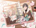  2girls :d ^_^ a_deru_note aqua_neckerchief black_hair black_shirt blush bookmark brown_dress ceras_yanagida_lilienfeld character_logo cherry_blossoms closed_eyes colored_eyelashes colored_pencil commentary dress edel_note flower grey_hair hair_ornament hair_ribbon hanamaru hasu_no_sora_school_uniform highres holding holding_notebook idgukgu indoors jellyfish_cut katsuragi_izumi link!_like!_love_live! long_sleeves looking_at_viewer love_live! multiple_girls neckerchief notebook open_mouth orange_eyes pencil petals pink_flower pink_petals pink_ribbon ribbon sailor_collar sailor_dress school_uniform shirt smile star_(symbol) test_score triangle_hair_ornament turtleneck turtleneck_shirt undershirt virtual_youtuber white_sailor_collar winter_uniform yellow_neckerchief 