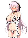  1girl animal_costume animal_ears animal_print ao_no_kiseki bell bikini blush breasts cleavage commentary cow_costume cow_ears cow_hood cow_print cow_print_bikini cow_print_gloves cowbell eiyuu_densetsu elie_macdowell fake_horns gloves green_eyes grey_hair hajimari_no_kiseki highres horns legs long_hair looking_at_viewer mizuno_asami navel neck_bell open_mouth print_bikini print_gloves print_thighhighs swimsuit thighhighs untranslatable_commentary white_background white_hair zero_no_kiseki 