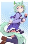  1girl :/ animal_ears blue_eyes bow bowtie brown_shoes choppy_bangs closed_mouth commentary_request ear_covers frilled_skirt frills grey_hair highres horse_ears horse_girl horse_tail kokko_tofu light_blush long_sleeves looking_at_viewer looking_back notice_lines pleated_skirt purple_sailor_collar purple_shirt purple_skirt purple_socks sailor_collar school_uniform seiun_sky_(umamusume) shirt shoes short_hair single_ear_cover skirt socks solo tail tracen_school_uniform umamusume waist_bow white_bow white_bowtie zettai_ryouiki 