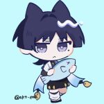  1boy :< akt_eak animal animal_ears black_bridal_gauntlets black_shorts blue_background blunt_ends bridal_gauntlets cat_boy cat_ears chibi chibi_only choppy_bangs closed_mouth commentary_request expressionless eyeliner fish furisode genshin_impact hair_intakes hakama hakama_shorts holding holding_animal holding_fish japanese_clothes kimono leg_warmers makeup male_focus pleated_shorts purple_eyes purple_pupils red_eyeliner scaramouche_(genshin_impact) short_sleeves shorts solo twitter_username wanderer_(genshin_impact) white_kimono white_leg_warmers white_sleeves 