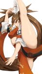  1girl animal_on_head arqa axe_kick bare_shoulders breasts brown_eyes brown_hair china_dress chinese_clothes detached_sleeves dress fighting_stance flexible guilty_gear guilty_gear_xrd hair_ornament hair_rings high_kick highres impossible_clothes impossible_dress kicking kneepits kuradoberi_jam leg_up legs long_hair medium_breasts midriff on_head open_mouth rabbit red_dress simple_background single_hair_ring solo split standing standing_front_split standing_on_one_leg standing_split thick_thighs thighs very_long_hair white_background wide_sleeves 