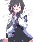  1girl absurdres arius_branch_school_logo black_gloves black_hair black_skirt blue_archive braid breasts coat commentary_request from_below fukunao gloves halo highres medium_breasts necktie open_mouth purple_eyes purple_halo shirt short_hair sitting skirt solo subaru_(blue_archive) thigh_sheath white_background white_coat 