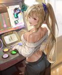  1girl :d absurdres arcade_cabinet ass bare_shoulders black_pants blonde_hair bow breasts cleavage commentary cropped_sweater dark-skinned_female dark_skin elf english_commentary from_behind hair_bow high_ponytail highres hololive indoors large_breasts long_hair looking_at_viewer looking_back multicolored_hair off-shoulder_sweater off_shoulder open_mouth pants pointy_ears ponytail red_eyes ribbed_sweater santafe99 shiranui_flare shoulder_blades smile solo standing streaked_hair sweater virtual_youtuber white_streaks 