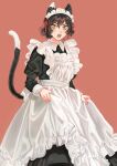  1girl alt_text alternate_costume animal_ears apron apron_hold black_dress black_hair cat_ears cat_girl cat_tail commentary_request dress dungeon_meshi fangs feet_out_of_frame frilled_apron frills hair_between_eyes hair_ribbon highres izutsumi juliet_sleeves long_sleeves looking_at_viewer maid maid_apron maid_headdress mismatched_animal_ear_colors open_mouth puffy_sleeves red_background red_ribbon ribbon sasakura34 short_hair simple_background sleeve_cuffs slit_pupils solo tail teeth white_apron yellow_eyes 