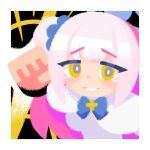  1girl blue_archive blue_bow blue_bowtie blush bow bowtie capelet chibi chibi_only cross dress euki_(eukicat) frilled_dress frills hair_bun hair_tie halo high-waist_skirt highres incoming_attack incoming_punch mika_(blue_archive) pink_hair punching purple_halo short_sleeves skirt smiley_face solo white_capelet yellow_eyes 