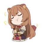  1girl :t animal_ear_fluff animal_ears armor belt black_dress blunt_bangs breastplate brown_armor brown_belt brown_gloves brown_hair chibi chibi_only closed_eyes closed_mouth collared_dress commentary_request cropped_legs crossed_arms double-parted_bangs dress elbow_gloves gloves hair_between_eyes hair_tubes high_collar leather leather_armor leather_gloves long_hair long_sleeves metal_arm_cuffs metal_hair_tubes metal_wrist_cuffs motion_lines neck_ribbon open_collar pauldrons pinstripe_dress pinstripe_pattern pout raccoon_ears raccoon_girl raccoon_tail raphtalia red_dress red_ribbon ribbon short_dress shoulder_armor shunrai simple_background single_pauldron sleeveless sleeveless_dress solo straight_hair tail tail_wagging tate_no_yuusha_no_nariagari two-tone_dress upper_body white_background white_dress yellow_trim 