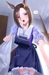  1girl absurdres air_groove_(umamusume) anger_vein animal_ears apron blue_apron blue_eyes blurry blush bokeh bow breasts brown_hair commentary_request depth_of_field ear_bow frilled_skirt frills hair_between_eyes highres holding holding_pillow horse_ears horse_girl horse_tail indoors large_breasts leaning_forward looking_at_viewer menchi_rishio open_mouth pillow pov puffy_short_sleeves puffy_sleeves purple_shirt sailor_collar sailor_shirt school_uniform shirt short_hair short_sleeves skindentation skirt spoken_anger_vein tail teeth thighhighs thighs tracen_school_uniform umamusume upper_teeth_only v-shaped_eyebrows white_sailor_collar white_thighhighs yellow_bow zettai_ryouiki 