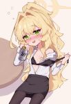  1girl absurdres alcohol beer black_bra black_pantyhose black_skirt blonde_hair blue_archive blush bra breasts can commentary fluffy_hair green_eyes halo highres holding holding_can hrnt long_hair looking_at_viewer nose_blush open_mouth pantyhose pencil_skirt ponytail professor_niyaniya_(blue_archive) professor_niyaniya_(teacher)_(blue_archive) removing_bra shirt side_ahoge sitting skirt small_breasts solo sweat underwear untranslatable_commentary white_shirt yellow_halo 