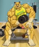  2021 animal_crossing anthro balls barazoku barefoot biceps big_muscles bottomless claws clothed clothing dumbbell erection exercise eyebrows feet felid fur genitals gym hi_res huge_muscles humanoid_genitalia humanoid_penis inside leonardo_(animal_crossing) male mammal muscular muscular_anthro muscular_male musk nanbuskhan nintendo nipple_outline pantherine penis quads shirt signature sitting smile solo tank_top text text_on_clothing text_on_shirt text_on_tank_top text_on_topwear thick_thighs tiger topwear tuft vein veiny_muscles video_games weightlifting weights workout 