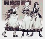  3girls akemi_homura angry apron assault_rifle ben-day_dots black_dress black_gloves black_hair blinking boots bow bowtie collared_dress dress drill_hair english_text enmaided fingerless_gloves fn_fnc frilled_apron frilled_dress frills gloves greyscale gun hair_ribbon halftone halftone_background handgun high_heels highres holding holding_gun holding_own_dress holding_weapon juliet_sleeves long_dress long_hair long_sleeves looking_at_another looking_to_the_side mahou_shoujo_madoka_magica maid maid_apron monochrome multicolored_boots multiple_girls open_mouth partially_colored puffy_sleeves red_hair ribbon rifle sakura_kyoko scope screentones sidelocks simple_background talking tomoe_mami translation_request twin_drills two-tone_boots weapon white_hair winehusk wrist_cuffs 