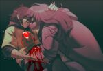  1girl 1other artist_name bleeding blood blood_drip blood_from_mouth blood_on_arm blood_on_face brown_hair clenched_teeth deltarune furry furry_female hand_in_another's_hair hand_on_another's_arm hand_on_another's_chest hand_under_clothes hand_under_shirt highres hood hood_down hoodie kris_(deltarune) long_hair looking_at_another red_eyes scar scar_on_arm scars_all_over shirt simple_background soul_(deltarune) striped_clothes striped_hoodie susie_(deltarune) sweat sweatdrop teeth thelostmoongazer utdr_(toby_fox) yellow_eyes 
