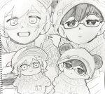  2boys absurdres alternate_costume basil_(faraway)_(omori) basil_(omori) bespectacled bright_pupils character_doll closed_mouth commentary_request doll flower glasses greyscale hair_flower hair_ornament highres looking_at_viewer male_focus monochrome multiple_boys natumikan_7016 omori parted_lips rectangular_eyewear semi-rimless_eyewear short_hair smile sunny_(omori) teeth traditional_media under-rim_eyewear white_pupils 