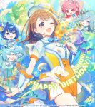  5girls :d ;d ^_^ absurdres aqua_hair blue_eyes blue_flower blue_hair blue_hat blush bouquet braid breasts brown_hair cake character_name checkered_hat chibi chibi_inset closed_eyes commentary_request company_name copyright_notice earrings flower food fruit gloves green_hat grey_eyes guest_art hanasato_minori happy_birthday hat hatsune_miku highres hinomori_shizuku holding holding_bouquet holding_party_popper holding_plate jewelry kiritani_haruka kizama_reta_kizu_wa_yagate_(project_sekai) mole mole_under_mouth momoi_airi more_more_jump!_(project_sekai) more_more_jump!_miku multiple_girls official_alternate_costume official_art one_eye_closed orange_flower orange_shorts party_popper pink_eyes pink_hair pink_hat pjkuasu plate project_sekai puffy_short_sleeves puffy_sleeves second-party_source shirt short_sleeves shorts smile solo_focus strawberry tongue top_hat twintails two_side_up vocaloid web_address white_gloves white_hat white_shirt white_shorts yellow_flower 