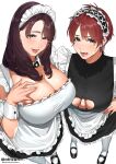  2girls \||/ apron artist_name black_dress black_shoes black_skirt blush breasts brown_hair cleavage cleavage_cutout clothing_cutout commentary detached_collar dress frilled_apron frilled_dress frills grey_eyes hair_between_eyes hand_on_own_chest hand_on_own_hip highres huge_breasts large_breasts long_hair looking_at_viewer maid_apron maid_headdress mary_janes mature_female multiple_girls open_mouth original pantyhose parted_lips red_hair sakura_no_tomoru_hi_e shoes short_hair simple_background skirt smile standing sweatdrop twitter_username white_apron white_background white_pantyhose white_wrist_cuffs wrist_cuffs 