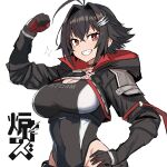  1girl antenna_hair artist_name black_choker black_gloves black_leotard black_shrug breasts brown_hair character_name choker cleavage collarbone covered_navel girls'_frontline gloves hair_intakes hand_on_own_hip hand_up highres hood hood_down hooded_shrug large_breasts leotard looking_at_viewer medium_hair multicolored_gloves mx4_storm_(girls'_frontline) open_mouth r_scrubed red_eyes red_gloves shrug_(clothing) smile solo two-tone_gloves upper_body 
