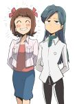  2girls ^_^ amami_haruka arms_behind_back black_pants blue_hair blue_skirt blush_stickers breast_pocket brown_hair closed_eyes closed_mouth collared_jacket collared_shirt commentary_request cowboy_shot grin idolmaster idolmaster_(classic) idolmaster_1 jacket jitome kisaragi_chihaya long_hair long_sleeves multiple_girls open_clothes open_jacket pants pink_shirt pocket shirt short_hair simple_background skirt smile standing tsubobot white_background white_jacket white_shirt 