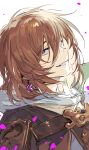  1boy absurdres brown_cape brown_eyes brown_hair cape dutch_angle earrings from_side granblue_fantasy hair_between_eyes highres hood hood_down hoodie jewelry jitome keita_kg85 lamorak_(granblue_fantasy) long_bangs looking_up male_focus medium_hair portrait raised_inner_eyebrows sanpaku simple_background sneer solo teeth white_background white_hoodie wind 