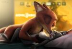 anthro askalin breasts canid canine cheek_lick convenient_censorship digital_media_(artwork) dipstick_ears disney duo ear_markings electronics eyes_closed face_lick featureless_breasts female fox furniture happy hi_res imminent_sex judy_hopps lagomorph leporid licking looking_at_another lying male male/female mammal multicolored_ears nick_wilde nude on_sofa pillow rabbit red_fox romantic sofa television thumping_foot tongue true_fox zootopia