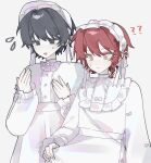  2boys ? ?? apron asymmetrical_hair bead_choker beads bell bell_bow black_eyes black_hair blouse blush bonnet bow braid buttons clothes_grab collar crossdressing crossdressing_(mtf) double-parted_bangs downturned_eyes dress ear_piercing frilled_apron frilled_collar frilled_dress frilled_shirt_collar frilled_sleeves frills hair_beads hair_between_eyes hair_bow hair_ornament hair_ribbon hairband hands_up highres lh_118242 lolita_fashion lolita_hairband long_sleeves looking_at_hand looking_at_hands maeno_aki male_focus multiple_boys multiple_hair_bows neck_bell neck_ribbon official_alternate_design open_mouth piercing puffy_long_sleeves puffy_sleeves red_eyes red_hair ribbon shirt short_hair shoulder_strap simple_background single_braid sleeve_bow sweatdrop sweet_lolita tsugino_haru upper_body waist_apron white_apron white_background white_bonnet white_bow white_dress white_ribbon white_shirt zeno_(game) 