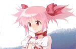  1girl archived_source artist_request choker closed_mouth collarbone dress frilled_dress frills hair_ribbon kaname_madoka kaname_madoka_(magical_girl) looking_to_the_side magical_girl mahou_shoujo_madoka_magica medium_hair oekaki pink_hair puffy_short_sleeves puffy_sleeves red_ribbon ribbon ribbon_choker short_sleeves sidelocks simple_background smile solo soul_gem twintails upper_body 