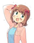  1girl amami_haruka arm_behind_head blue_shirt bow breast_pocket brown_hair collared_jacket hair_bow idolmaster idolmaster_(classic) jacket long_sleeves multiple_hair_bows nervous_sweating nonowa open_clothes open_jacket pink_jacket pocket red_bow shirt short_hair sideways_glance simple_background solo sweat tsubobot upper_body white_background 