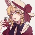  1girl absurdres apple bitten_apple black_bow black_bowtie blonde_hair bow bowtie collar curly_hair drill_hair drill_sidelocks elly_(touhou) food food_bite frilled_collar frilled_hat frills fruit hat hat_ribbon highres holding holding_food holding_fruit looking_at_viewer medium_hair open_mouth portrait red_ribbon red_shirt ribbon shirt sidelocks solo touhou touhou_(pc-98) white_hat yellow_eyes 