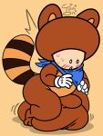 3:4 5_fingers balls big_balls blush blush_lines bodily_fluids brown_body brown_fur bulge canid canine clothing costume elemental_creature fingers fungi_fauna fungus fur fursuit genitals gloves handwear humanoid kerchief looking_down male mammal mario_bros markings multicolored_body nintendo orange_background raccoon_dog round_ears shocked signature simple_background sitting sitting_on_balls sitting_on_own_balls solo striped_markings striped_tail stripes sweat sweatdrop tail tail_markings tan_body tan_skin tanuki tanuki_costume thick_thighs toad_(mario) toni_oni two_tone_body